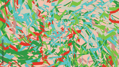 фотографія Chaotic mosaic of sharp jagged geometric polygons in vibrant red green and cyan scattered over soft pastel beige backdrop graphic illustration