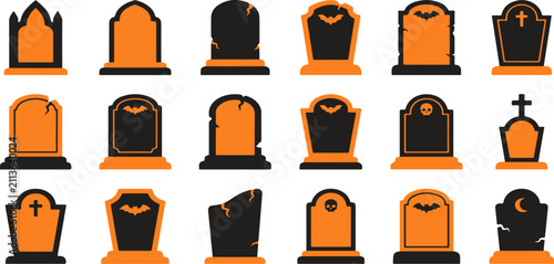 Foto Set of various halloween gravestones and tombstones with spooky designs isolated