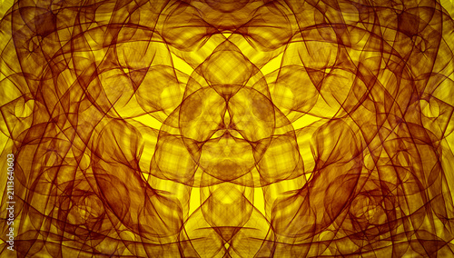 Quadro su tela Geometric abstract: translucent yellow layers and maroon lines swirling like smo
