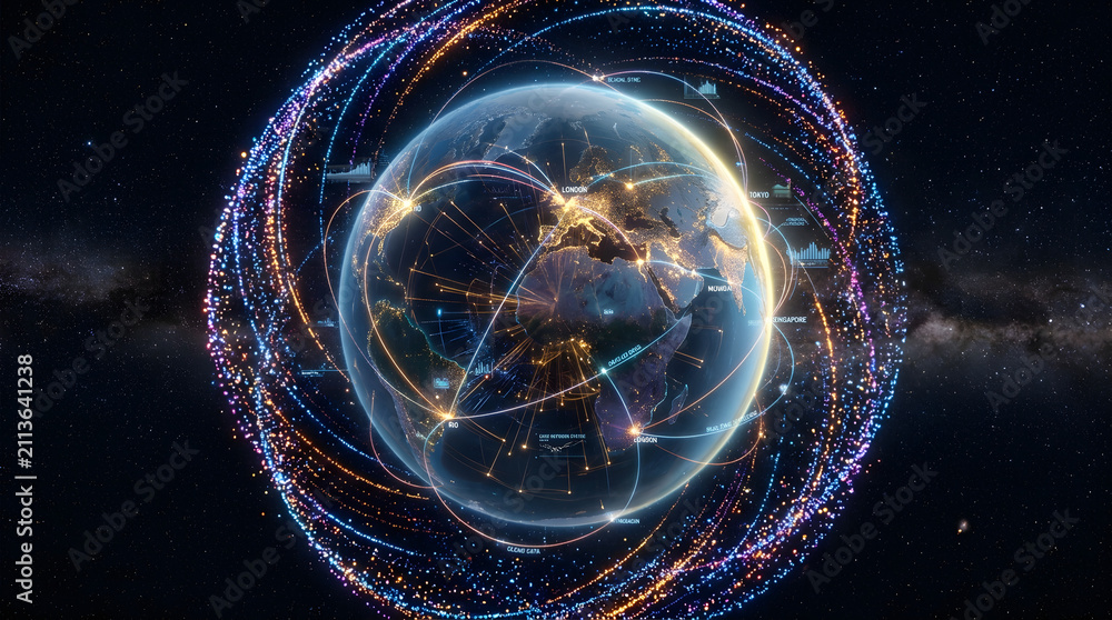 Fototapeta premium Global digital network and data connectivity visualization with glowing earth and orbiting data streams in space