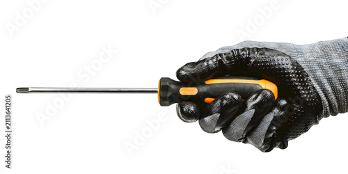Hand Holding Screwdriver With Protective Work Glove transparent background