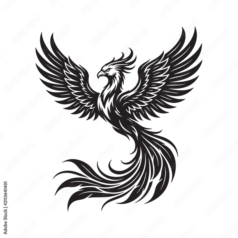 Fototapeta premium Black and White Phoenix Bird Vector Illustration Silhouette, Mythological Phoenix Firebird Tattoo Art, Transparent PNG Graphic Design Element