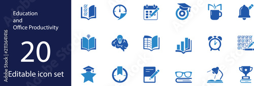 Education and Office Productivity Blue Glyph Icon Set – Books, Planning, Time Management, Documents and Business Symbols