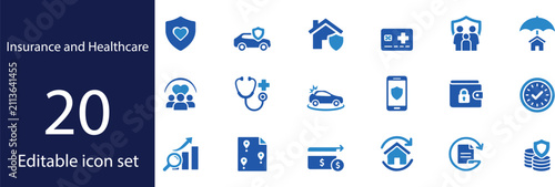 Insurance and Healthcare Blue Glyph Icon Set – Medical, Home, Vehicle, Security, Finance and Protection Symbols