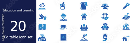 Education and Learning Blue Glyph Icon Set – School, University, Graduation, Online Education, Library and Study Symbols
