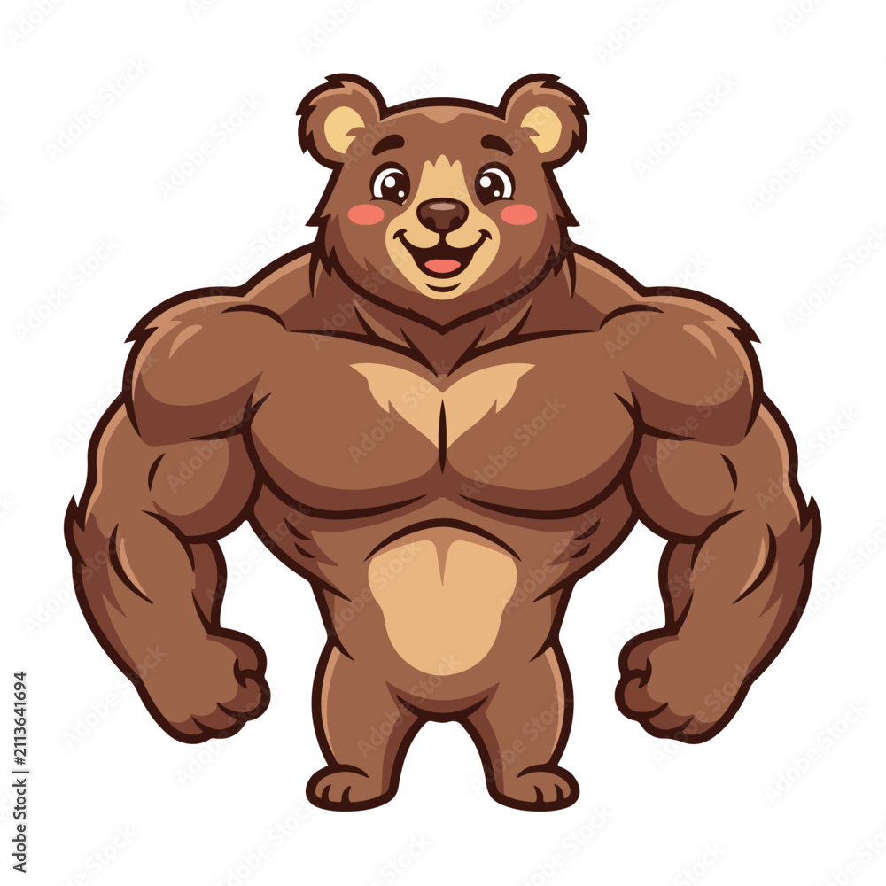 Obraz premium A strong and funny bear mascot flexing its powerful muscles with a cheerful expression, perfect for sports or fitness