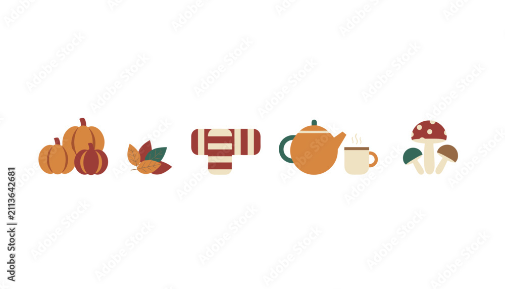 Fototapeta premium Minimalist autumn graphic set showing orange pumpkins, fallen leaves, a striped scarf, hot teapot, and mushrooms.