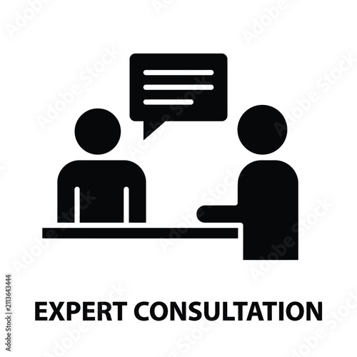 Two figures seated at a table with a speech bubble a flat black icon on a white background advice