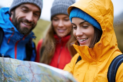 Friends looking at map during outdoor hike adventure