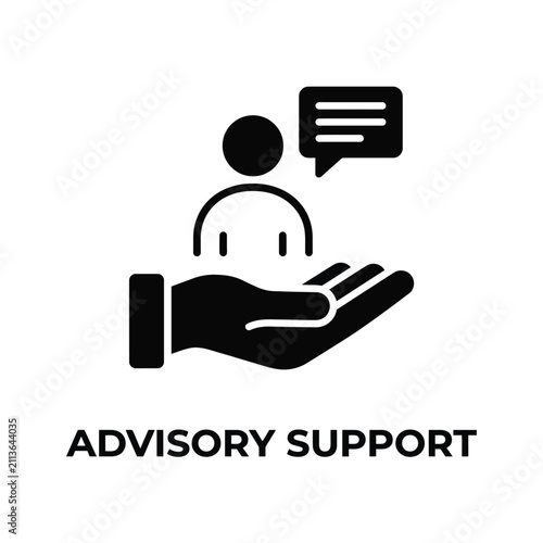 Advisory support icon depicting a hand holding a person with a speech bubble black silhouette style assistance counseling guidance