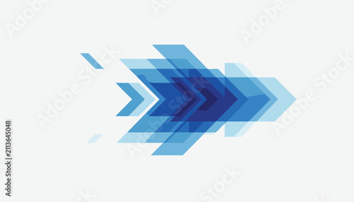 Futuristic abstract digital design of blue translucent overlapping arrows pointing right representing speed and motion.
