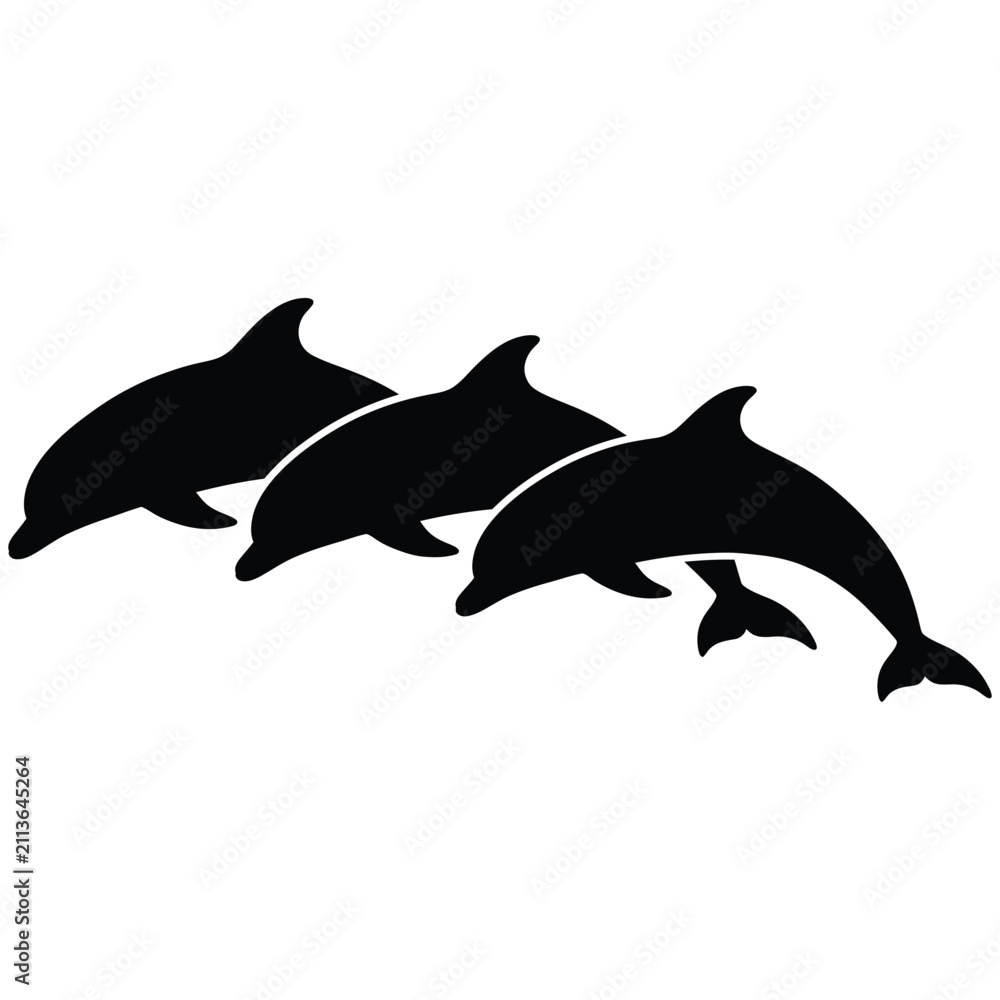 Fototapeta premium Swimming dolphins pair monochrome silhouette vector icon for print and logo