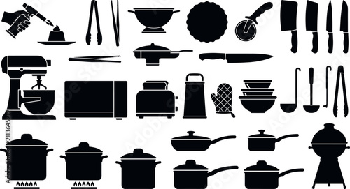 Foto Professional Kitchen Appliances and Cooking Equipment Silhouette Icon Set featur