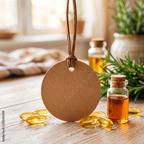 Elegant circular tag with leather string beside essential oil and gel capsules on wooden table.