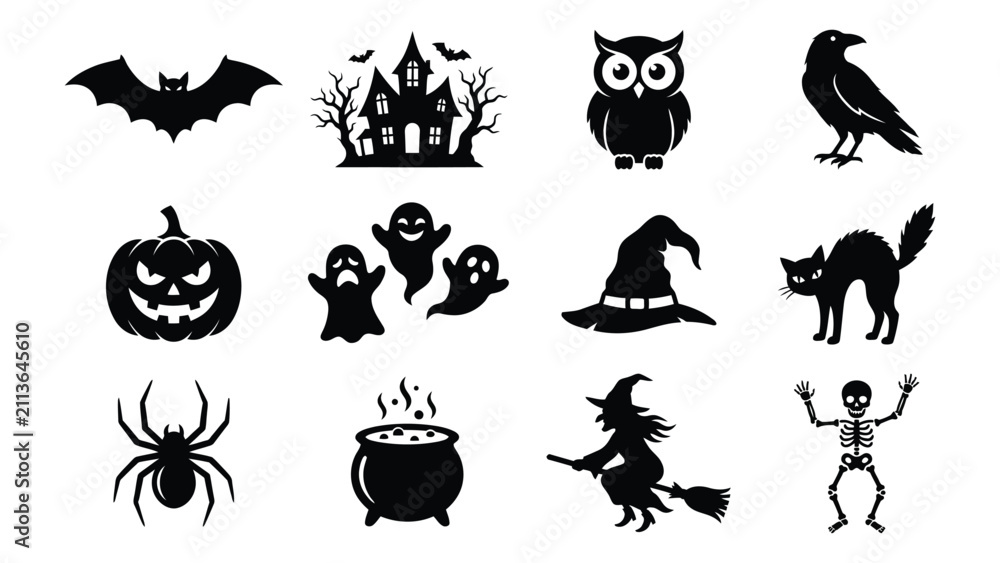 Fototapeta premium Set of twelve black silhouette icons representing traditional spooky halloween symbols with silhouettes representing classic