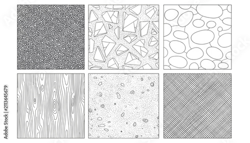 Set of six hand drawn monochrome texture patterns representing stone wood concrete and geometric abstract surfaces.