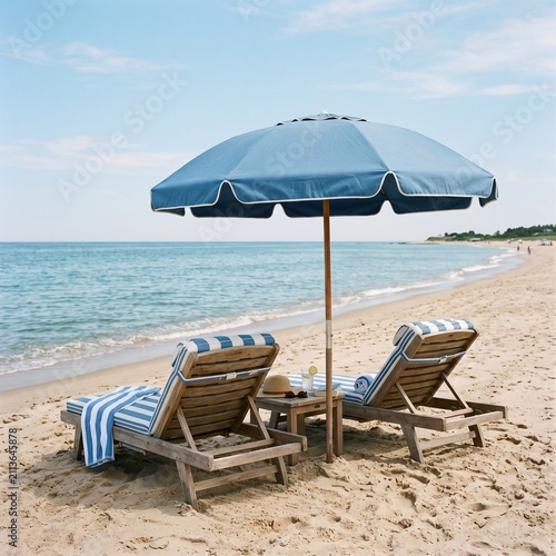 Relaxing beach scene with sun loungers and blue umbrella by the seaside.