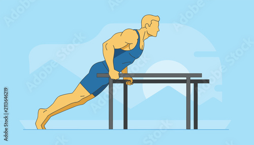Strong athletic man performing bodyweight calisthenics on parallel bars in a dynamic cartoon vector illustration.