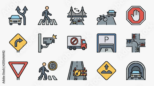 Cuadro en lienzo Modern Illustrated Icons Set of 15 Road Signs and Traffic Symbols with Vehicles