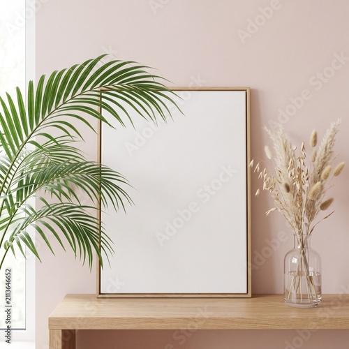 Elegant interior design with blank canvas and decorative plants on wooden shelf.