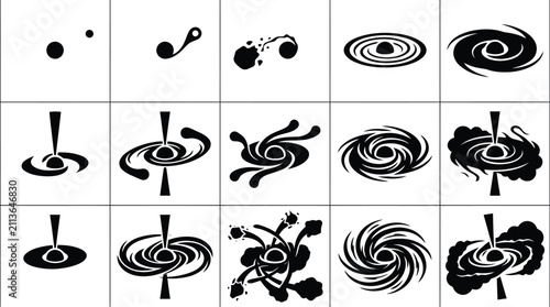 Stylized Black and White Galaxy and Black Hole Icons space cosmos