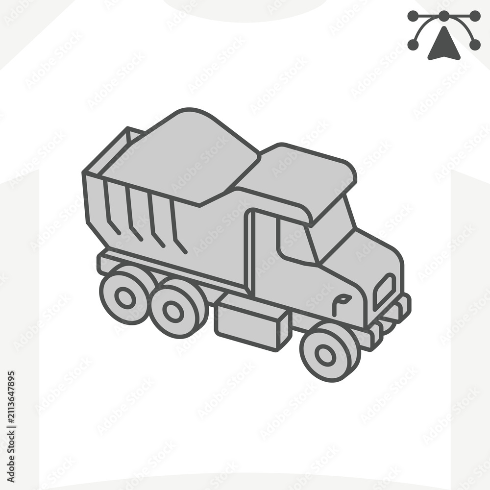 Obraz premium Dump truck with crushed stone isometric icon, road making concept. Vector graphics. Delivery of materials, heavy transport sign and editable stroke, outline style icon for mobile or web design.
