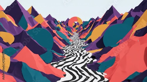 Minimalist vector mountain landscape with winding striped river.