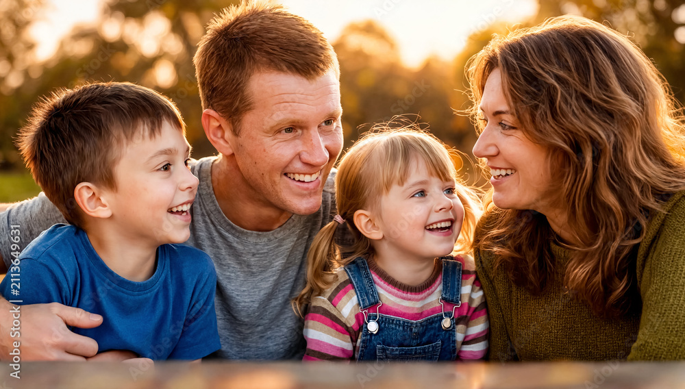 Fototapeta premium Family of four laughing together outdoors during golden hour light.