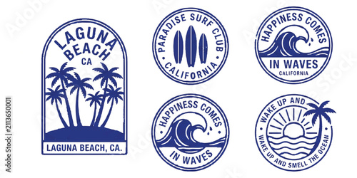 Canvas Print Set of vintage summer surf and beach emblems with palm trees waves and californi