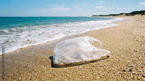 Discarded plastic bag polluting the sandy beach shoreline.