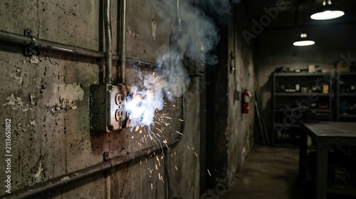 Electrical short circuit causing dangerous sparks and smoke in a dark workshop.