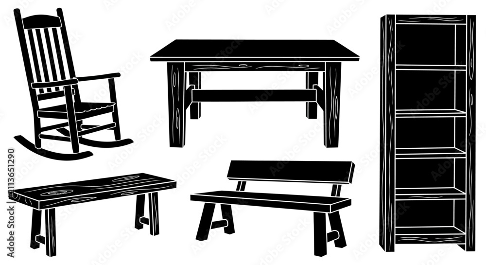 Fototapeta premium Black with collection black rocking chair furniture bookcase sitting storage wooden table bench white shelf icons desk
