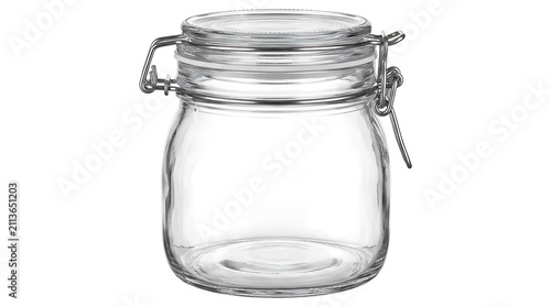 Empty Glass Mason Jar with Metal Clasp Lid Isolated on White.