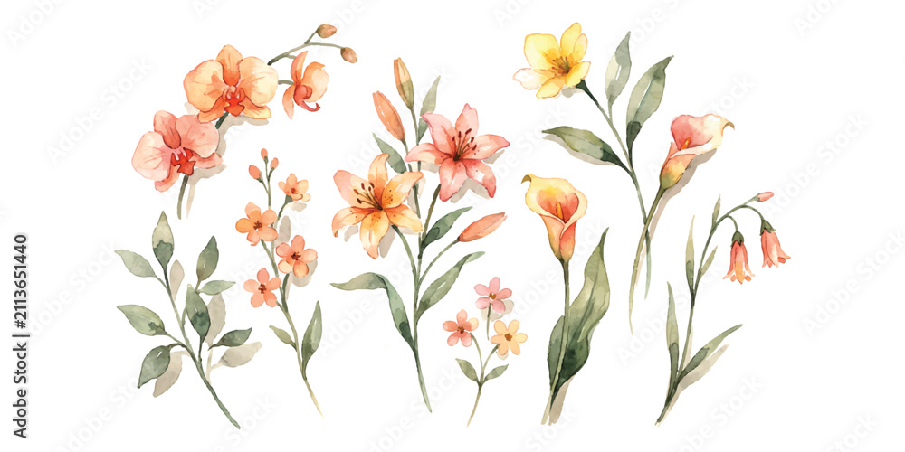 Obraz premium Set of beautiful orange watercolor flowers and green leaves for floral design elements