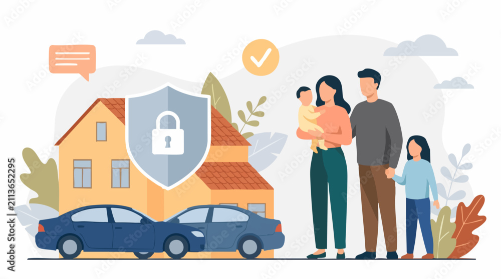Fototapeta premium Family protection and insurance concept with secure home and auto shield