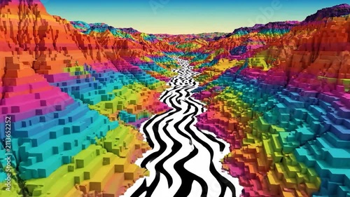 Rainbow canyon landscape with wavy black and white path.