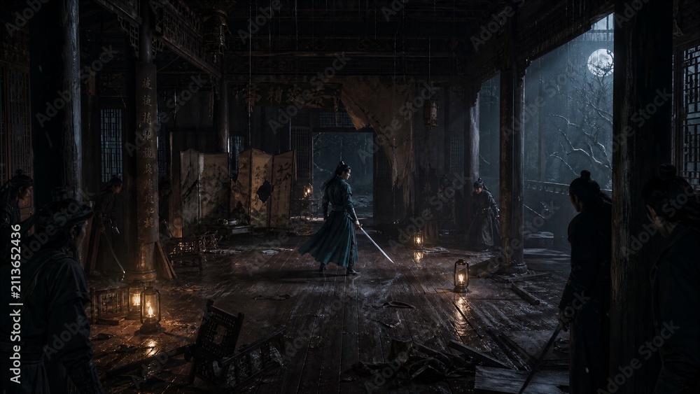 Obraz premium Warrior's Stand: A lone warrior, clad in blue, stands defiantly in a dimly lit, ancient chamber, sword drawn, facing unseen adversaries in a scene charged with tension and drama.