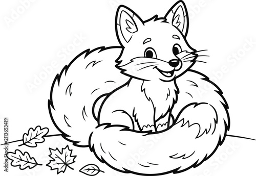 Cute Baby Fox Sitting with Leaves Coloring Page – Black and White Vector Illustration