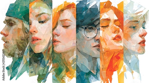 Diverse Portraits in Geometric Watercolor Style