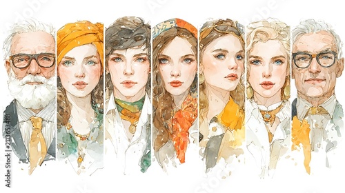 Diverse Portraits in Geometric Watercolor Style