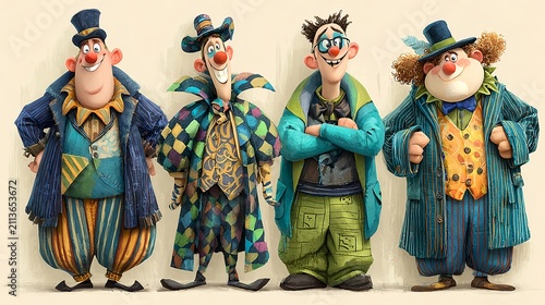 Four Eccentric Men in Colorful Whimsical Vintage Clown Outfits