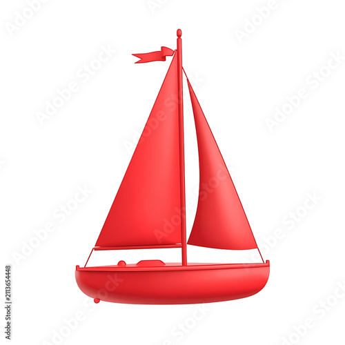 Minimalist red sailboat 3d render isolated against clean white background for creative graphic design projects with surfaces simple geometric