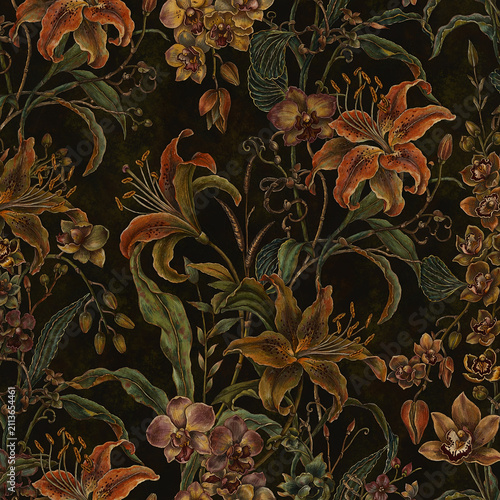 Seamless dark moody lily botanical pattern, olive jewel-tone botanical on dark background for wallpaper, wrapping paper, textile and packaging design, elegant maximalist vintage floral repeat