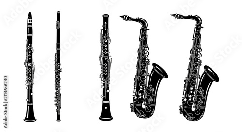 Canvas Print Black and white illustration of five musical instruments with instruments includ