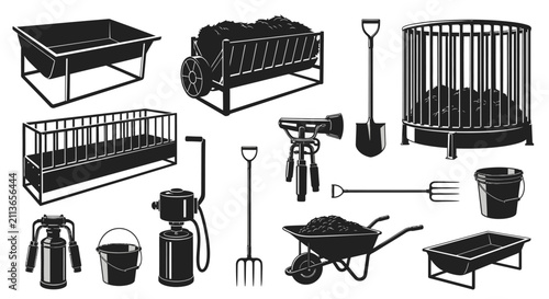 Quadro su tela Gardening tools with collection gardening tools equipment wheelbarrow maintenanc
