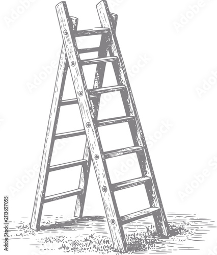 Escalera de tijera de madera estilo vintage detallada sobre un trozo de hierba o suelo