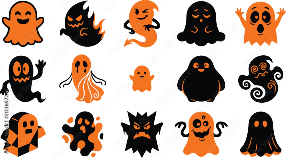 Fototapeta premium A festive halloween vector bundle featuring a collection of cute and spooky ghost characters in orange and black for holiday designs