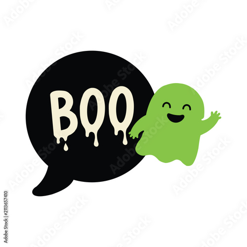 Cute Green Ghost Waving with Boo Speech Bubble Halloween Vector Illustration