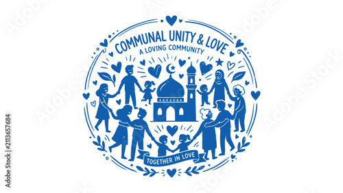Islamic community unity vector emblem with mosque and diverse people holding hands for religious harmony and love
