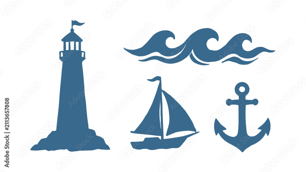 Naklejka premium Nautical vector silhouette set featuring lighthouse sailboat ocean waves and anchor icons for marine design